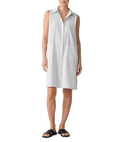 Eileen Fisher Breezy Grid Pattern Seersucker Collar Neck Sleeveless