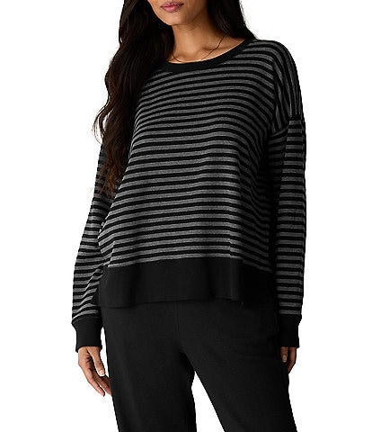Eileen Fisher Brushed Fleecy Knit Striped Crew Neck Long Sleeve Top
