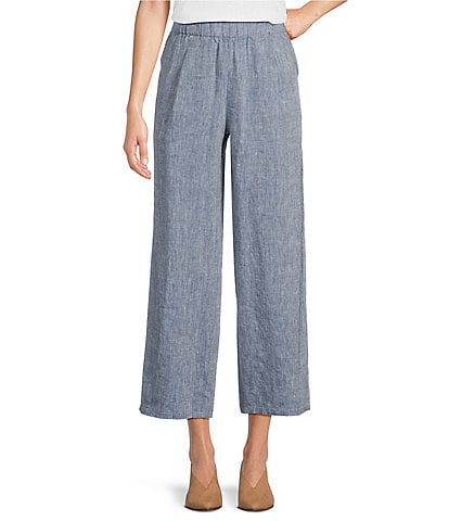 Eileen Fisher Chambray Organic Linen Yarn-Dyed Wide-Leg Pull-On Ankle Pants