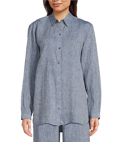 Eileen Fisher Chambray Yarn Dyed Organic Linen Point Collar Long Sleeve Button-Front Shirt