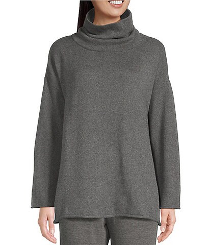 Eileen Fisher Cotton Cashmere Mock Neck Long Sleeve Boxy Sweater
