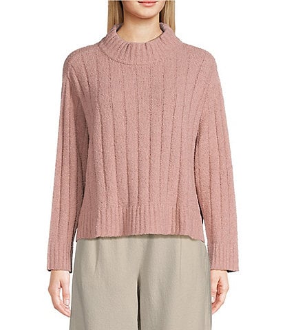 Eileen Fisher Cotton Fluff Ribbed Turtleneck Long Sleeve Cropped Boxy Sweater