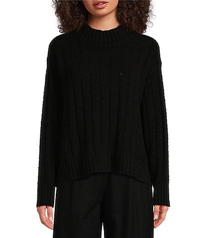 Eileen Fisher Cotton Fluff Ribbed Turtleneck Long Sleeve Cropped Boxy Sweater