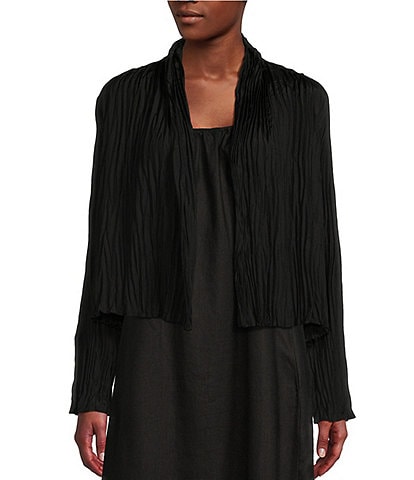Eileen Fisher Crinkle Crushed Silk High Neck Long Sleeve Crop Length Jacket