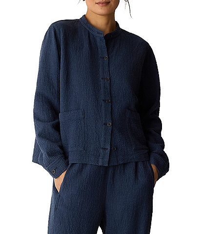 Eileen Fisher Crinkle Doubleweave Mandarin Collar Long Sleeve Jacket