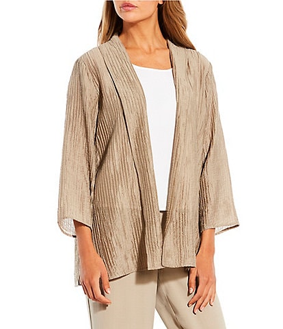 Eileen Fisher Crinkle Shimmer Vertical Pleat Wrist Length Sleeve Open Front Jacket