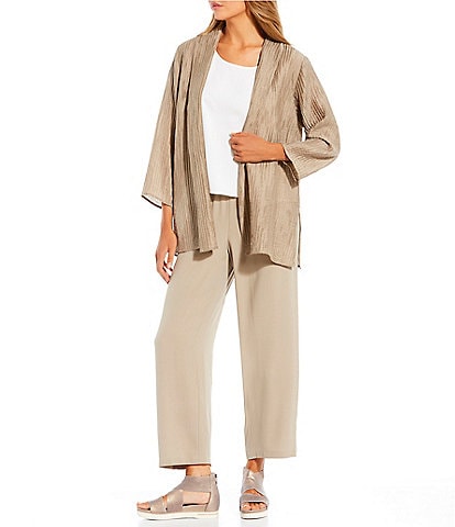 Eileen Fisher Crinkle Shimmer Vertical Pleat Wrist Length Sleeve Open Front Jacket