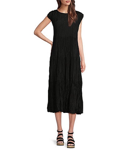 Eileen Fisher Crinkle Silk Crew Neck Cap Sleeve A-Line Tiered Midi Dress