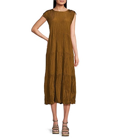 Eileen Fisher Crinkle Silk Crew Neck Cap Sleeve A-Line Tiered Midi Dress