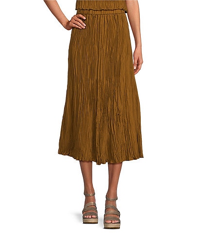 Eileen Fisher Crinkle Silk Pleated Midi A-Line Skirt