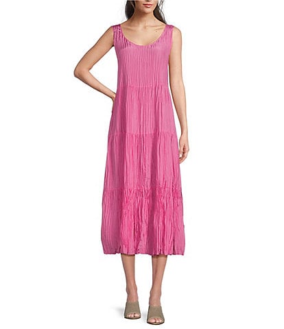 Eileen Fisher Crinkle Silk Scoop Neck Sleeveless A-Line Tiered Midi Dress