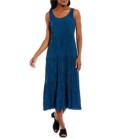 Eileen Fisher Crinkle Silk Scoop Neck Sleeveless A-Line Tiered Midi Dress