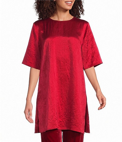 Eileen Fisher Crinkle Textured Satin Round Neck Elbow Sleeve Tunic