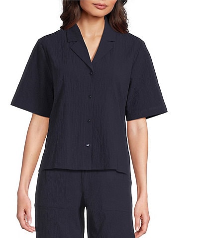 Eileen Fisher Crinkled Organic Cotton Notch Collar Short Sleeve Top