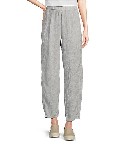 Eileen Fisher Crinkled Striped Organic Linen Wide Tapered Leg Pull-On Ankle Pants