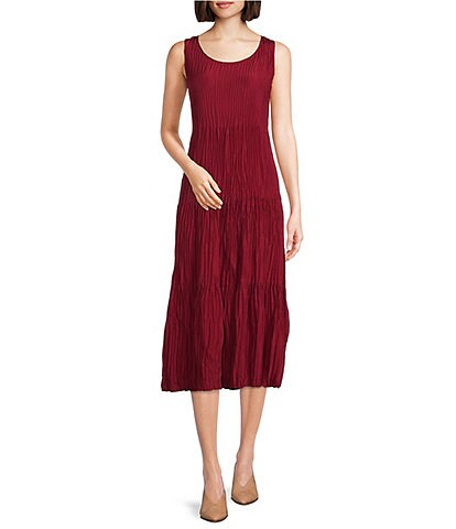 Eileen Fisher Crushed Silk Scoop Neck Sleeveless Tiered A-Line Midi Dress