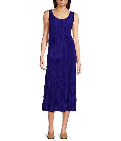Eileen Fisher Crushed Silk Scoop Neck Sleeveless Tiered A-Line Midi Dress