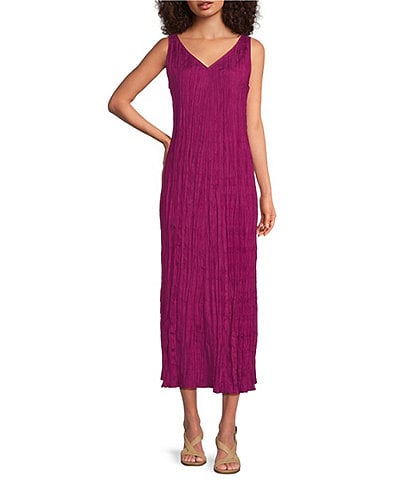 Eileen Fisher Crushed Silk V-Neck Sleeveless Midi Dress
