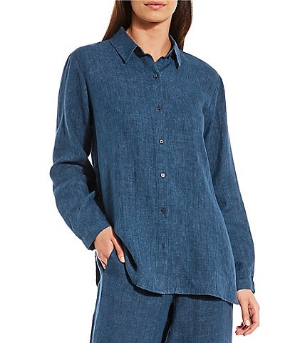 Eileen Fisher Delave Organic Linen Point Collar Long Sleeve Button Front Classic Shirt