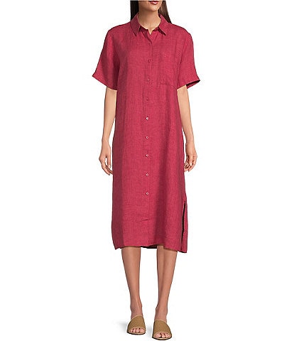 Eileen Fisher Delave Organic Linen Point Collar Short Sleeve Button-Front Shirt Dress