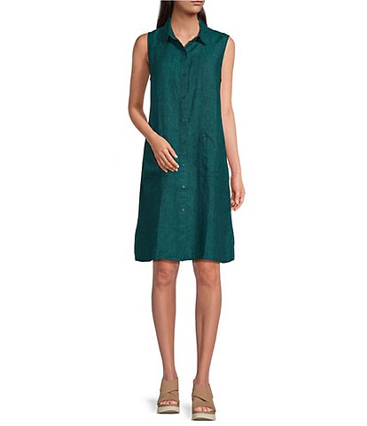 Eileen Fisher Delave Organic Linen Point Collar Sleeveless Button Front Shirt Dress