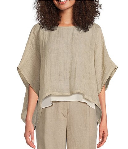 Eileen Fisher Delave Organic Linen Round Neck Elbow Sleeve Cropped Poncho