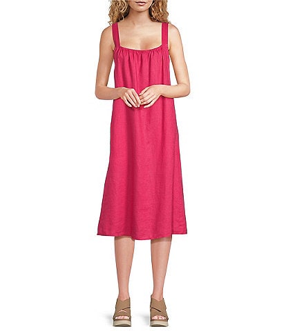 Eileen Fisher Delave Organic Linen Scoop Neck Sleeveless Ruched Cami Shift Dress
