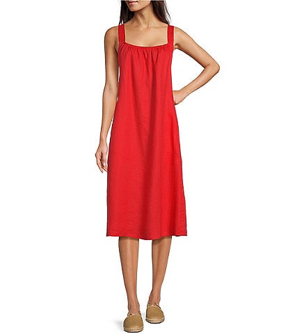 Eileen Fisher Delave Organic Linen Scoop Neck Sleeveless Ruched Cami Shift Dress