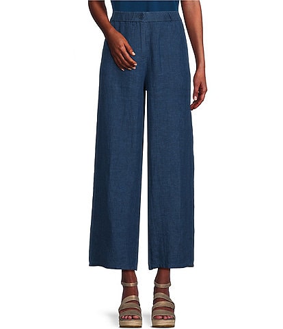 Eileen Fisher Delave Organic Linen Wide-Leg Pocketed Ankle Pants