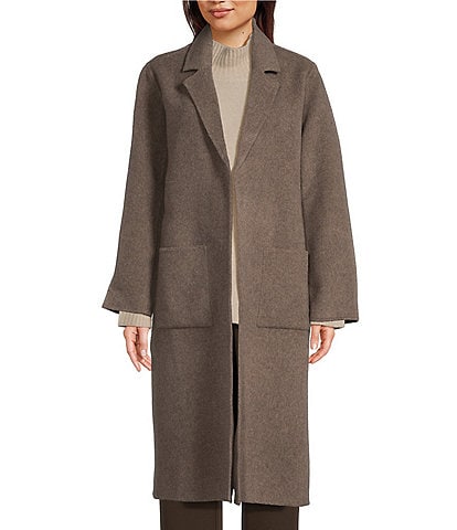 Eileen Fisher Double Faced Wool Open Front Notch Lapel Long Sleeve Blazer Coat