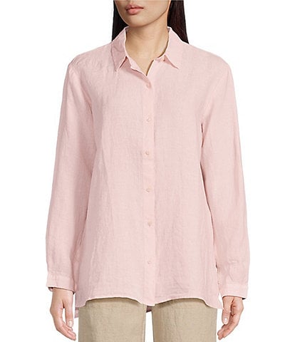 Eileen Fisher Dyed Handkerchief Linen Point Collar Long Sleeve Button-Front Shirt
