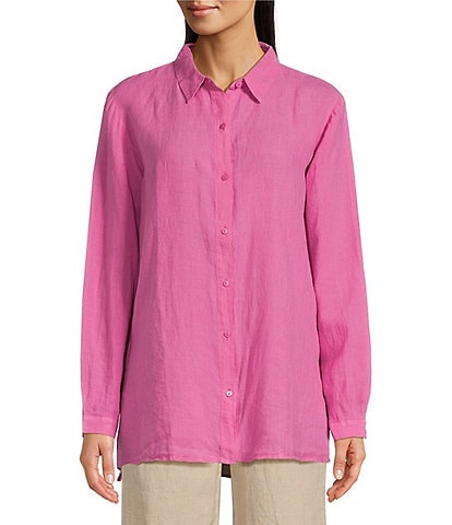 Eileen Fisher Dyed Handkerchief Linen Point Collar Long Sleeve Button-Front Shirt