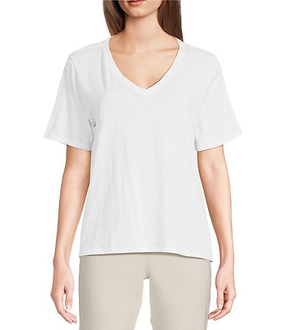 Eileen Fisher Easy Organic Cotton Jersey Knit V-Neck Short Sleeve Tee
