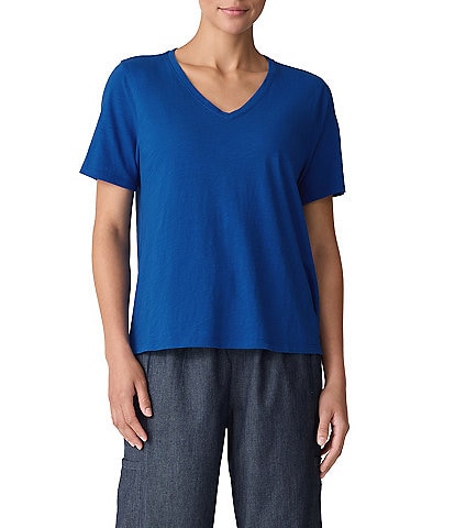 Eileen Fisher Easy Organic Cotton Jersey Knit V-Neck Short Sleeve Tee Shirt