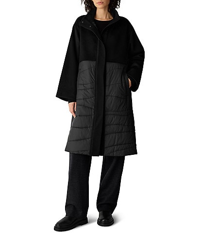 Eileen Fisher Eggshell Recycled Nylon Stand Collar Long Sleeve Coat