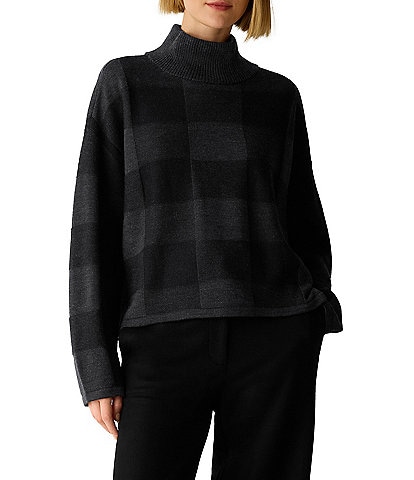 Eileen Fisher Fine Merino Check Wool Ribbed Turtleneck Long Sleeve Sweater