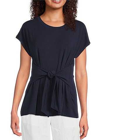 Eileen Fisher Fine Stretch Jersey Knit Round Neck Short Sleeve Tie Front Top