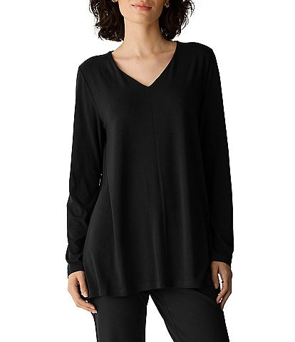 Eileen Fisher Fine Stretch Jersey Knit V-Neck Long Sleeve Tunic