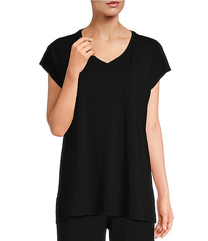 Eileen Fisher Fine Stretch Knit Jersey V-Neck Short Sleeve Boxy Shirt