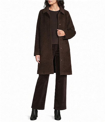 Eileen Fisher Fine Wool Alpaca Point Collar Long Sleeve Front-Snap Long Coat