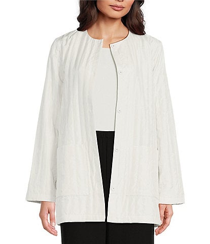 Eileen Fisher Habutai Silk Round Neck Long Sleeve Pocketed Button-Front Long Quilted Jacket