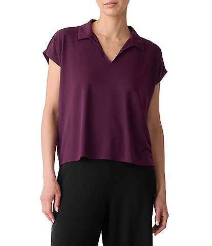 Eileen Fisher Jersey Knit Collar V-Neck Cap Sleeve Top