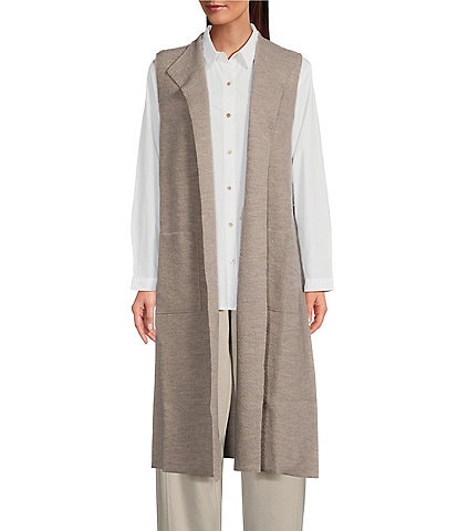 Eileen Fisher Lightweight Boiled Wool Shawl Collar Sleeveless Pocketed Side Slit Open Front Long Vest