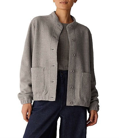 Eileen Fisher Lightweight Boiled Wool Stand Collar Long Sleeve Button-Front Jacket
