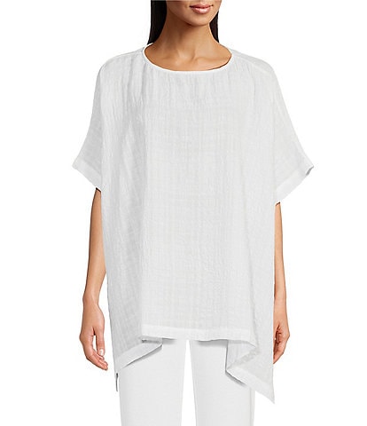 Eileen Fisher Linen Cotton Sheer Check Woven Boat Neck Short Sleeve Boxy Long Poncho
