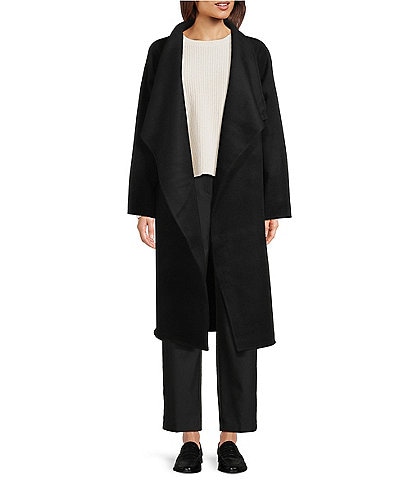 Eileen Fisher Lustrous Wool Drape Neck Long Sleeve Belted Long Coat