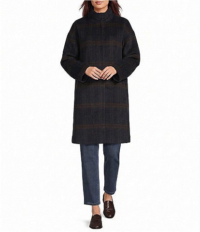 Eileen Fisher Luxe Alpaca Blend Windowpane Pattern High Collar Long Sleeve Coat