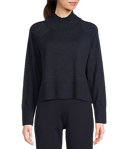 Eileen Fisher Merino Jersey Turtleneck Long Sleeve Cropped Length Boxy Sweater