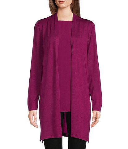 Eileen Fisher Merino Wool High Collar Long Sleeve Open-Front Cardigan