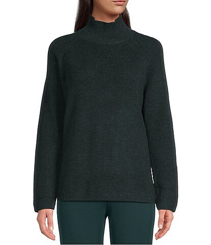 Eileen Fisher Merino Wool Ribbed Turtleneck Long Raglan Sleeve Sweater